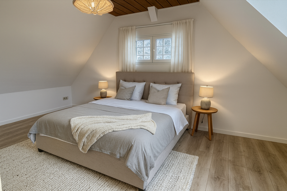 Gestaltungsvorschlag Schlafzimmer Dachgeschoss (KI generiert)