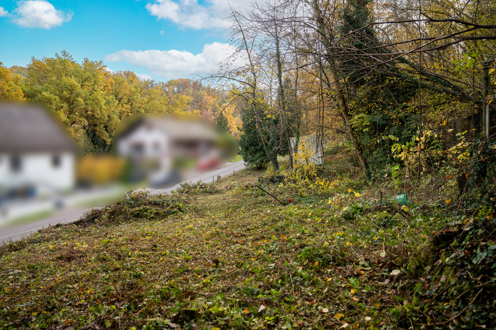 Blick auf die Straße und die anliegenden Häuser